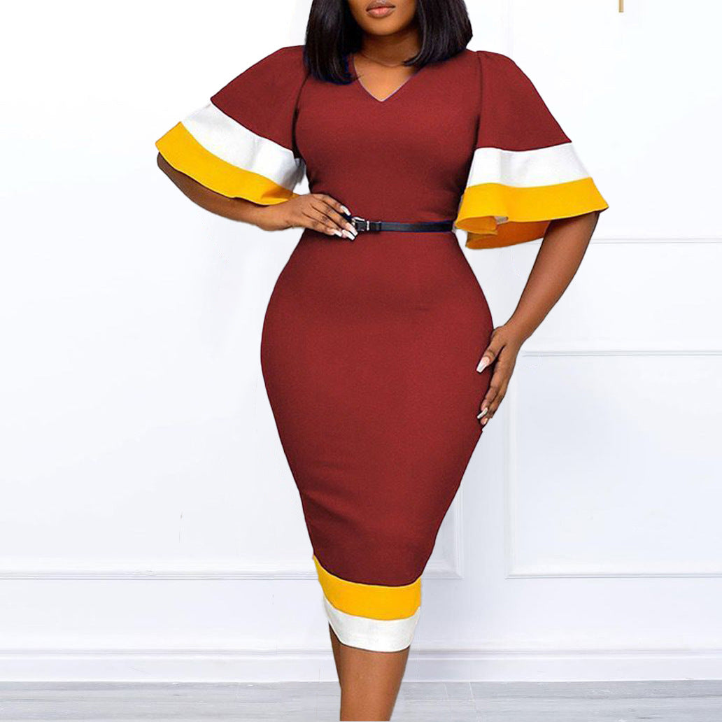 Dames Élégant Robe à Décolleté en V avec Manches Volantes Contrastées et Ceinture à la Taille Chic und Stil