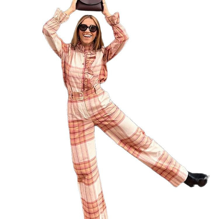 Combinaison à carreaux pour femmes avec ceinture et volants Chic und Stil