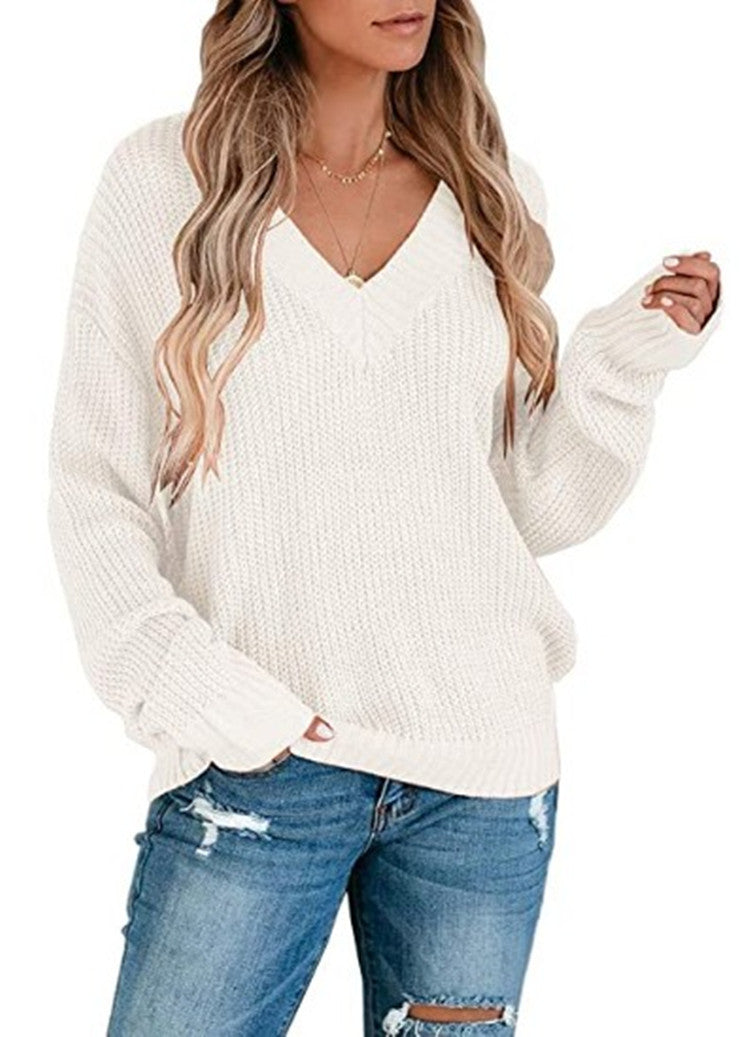 Pull en gros tricot pour femmes avec décolleté en V profond et manches décontractées Chic und Stil