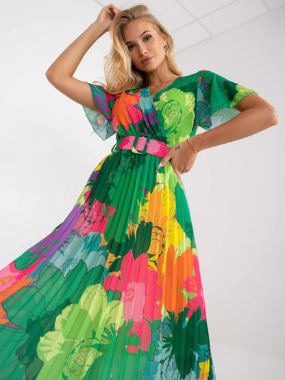 Women's Pleated Floral Maxi Dress with Adjustable Belt Chic and Style