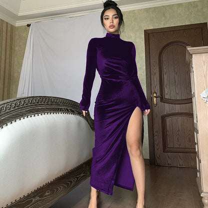 Femmes Élégante robe maxi à design haut fermé et fente latérale Chic und Stil