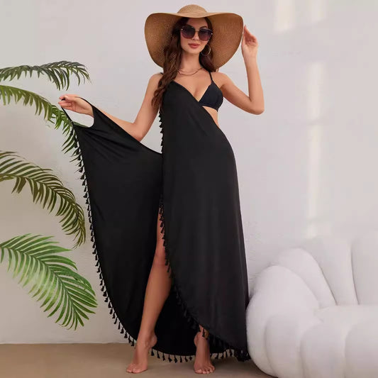 Dames Robe Maxi Élégante avec des Franges Ludiques et une Fente Haute Chic und Stil