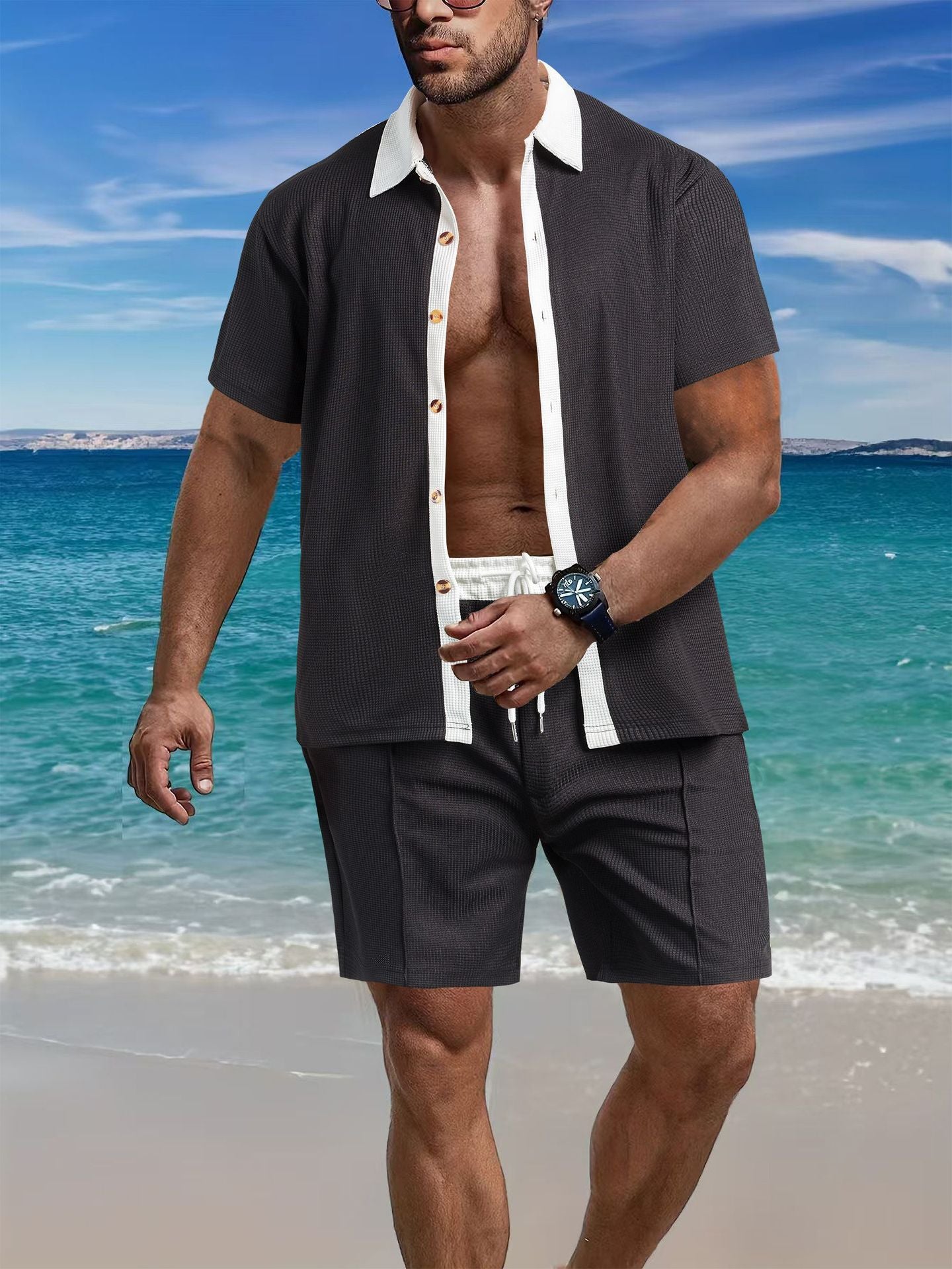 Homme ensemble de chemise à manches courtes décontractée et de shorts au design structuré Chic und Stil