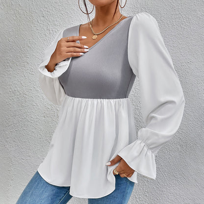 Dames élégant haut avec décolleté en V asymétrique et manches bouffantes Chic und Stil