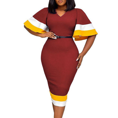 Dames Élégant Robe à Décolleté en V avec Manches Volantes Contrastées et Ceinture à la Taille Chic und Stil