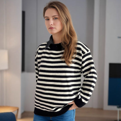 Pull décontracté pour dames avec motif rayé structuré et col à la mode Chic und Stil