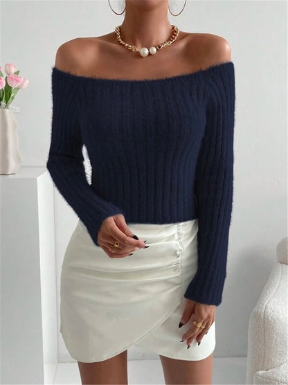 Dame Pull-over en maille off-shoulder avec structure en côtes fines et manches longues Chic und Stil
