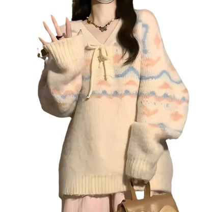Pull décontracté pour femmes avec décolleté en V et lacets à la mode Chic und Stil