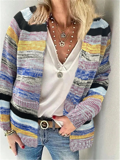 Dames Cardigan ouvert tricoté avec des rayures colorées et une coupe décontractée Chic und Stil