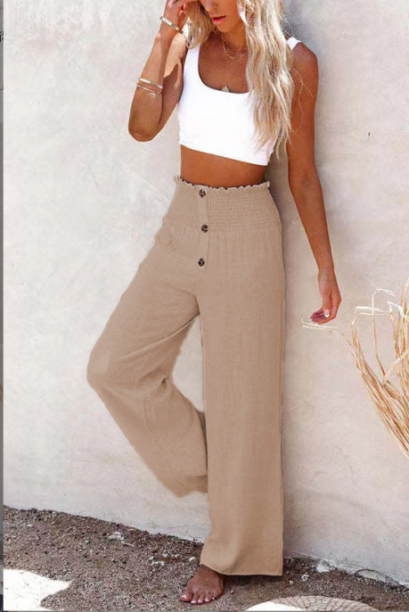 Chic and Style Women's Wide Palazzo Pants with Button Detail and Elastic Waist
