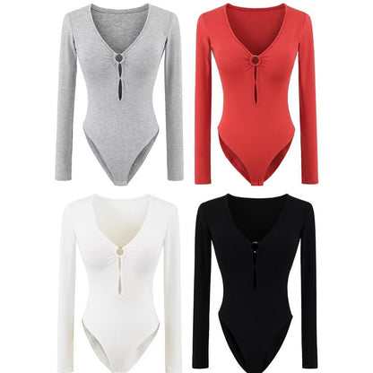 Body féminin à manches longues avec décolleté en V élégant et détail de bague décoratif Chic und Stil