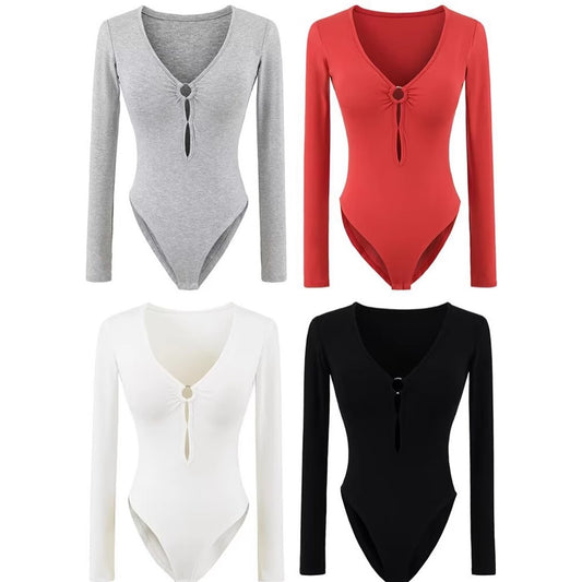 Body féminin à manches longues avec décolleté en V élégant et détail de bague décoratif Chic und Stil