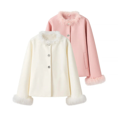 Dames élégante veste en laine avec col en peluche et poches pratiques Chic und Stil