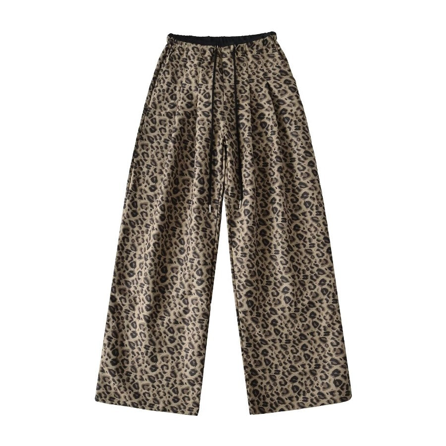 Trendy leopard wide-leg pants for women with elastic waistband and tie belt Chic and Style