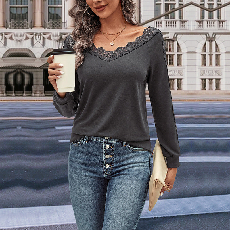 Chemisier à manches longues pour femmes avec ornements en dentelle et décolleté en V Chic und Stil