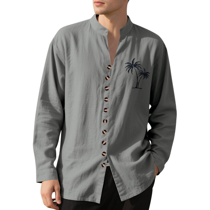 Chemise décontractée à manches longues pour hommes avec col montant moderne et motif de palmiers Chic und Stil