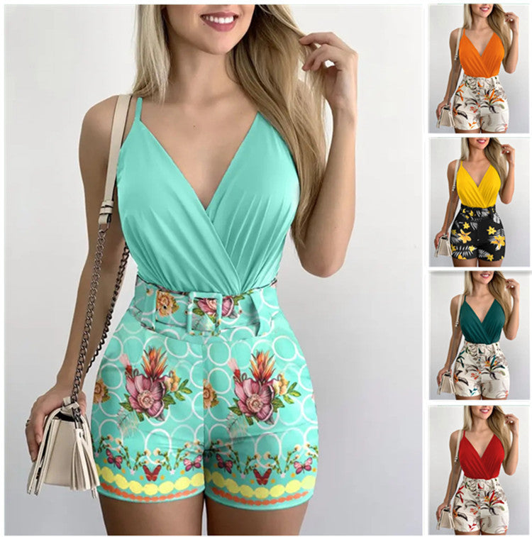 Dames Body en Imprimé Floral à Enveloppant avec Shorts Taille Haute Chic und Stil