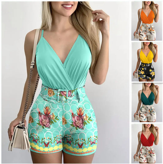 Dames Body en Imprimé Floral à Enveloppant avec Shorts Taille Haute Chic und Stil