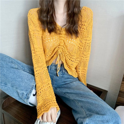 Pull en crochet aéré pour femmes avec cordon de serrage et coupe large Chic und Stil