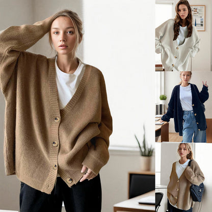Dames grand tricot cardigan avec décolleté en V profond et grands boutons Chic und Stil