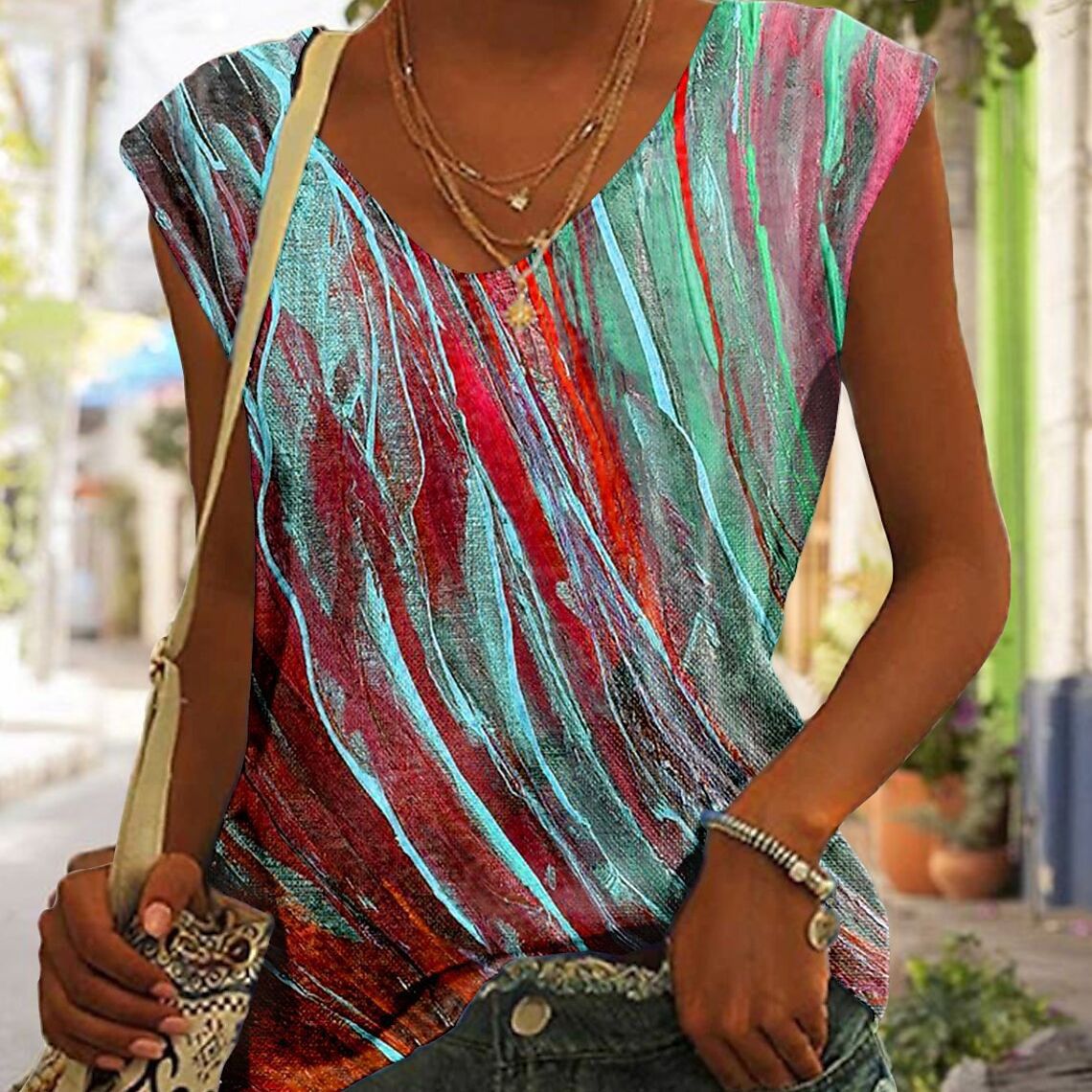 Dames haut à col en V avec motif artistique Chic und Stil