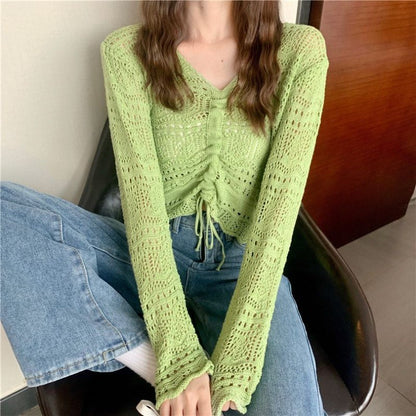 Pull en crochet aéré pour femmes avec cordon de serrage et coupe large Chic und Stil