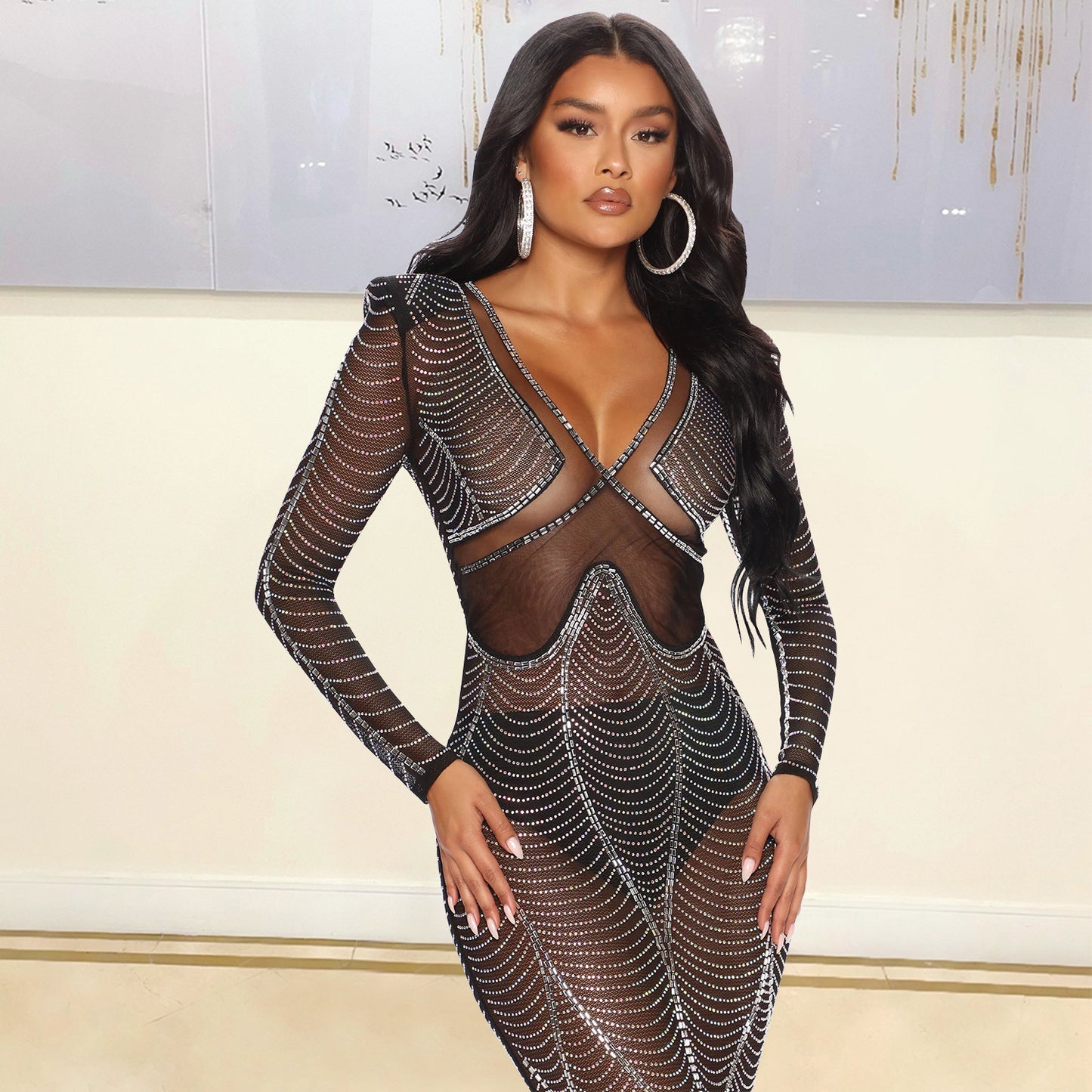 Women's Chic and Stylish Shiny Mesh Maxi Dress