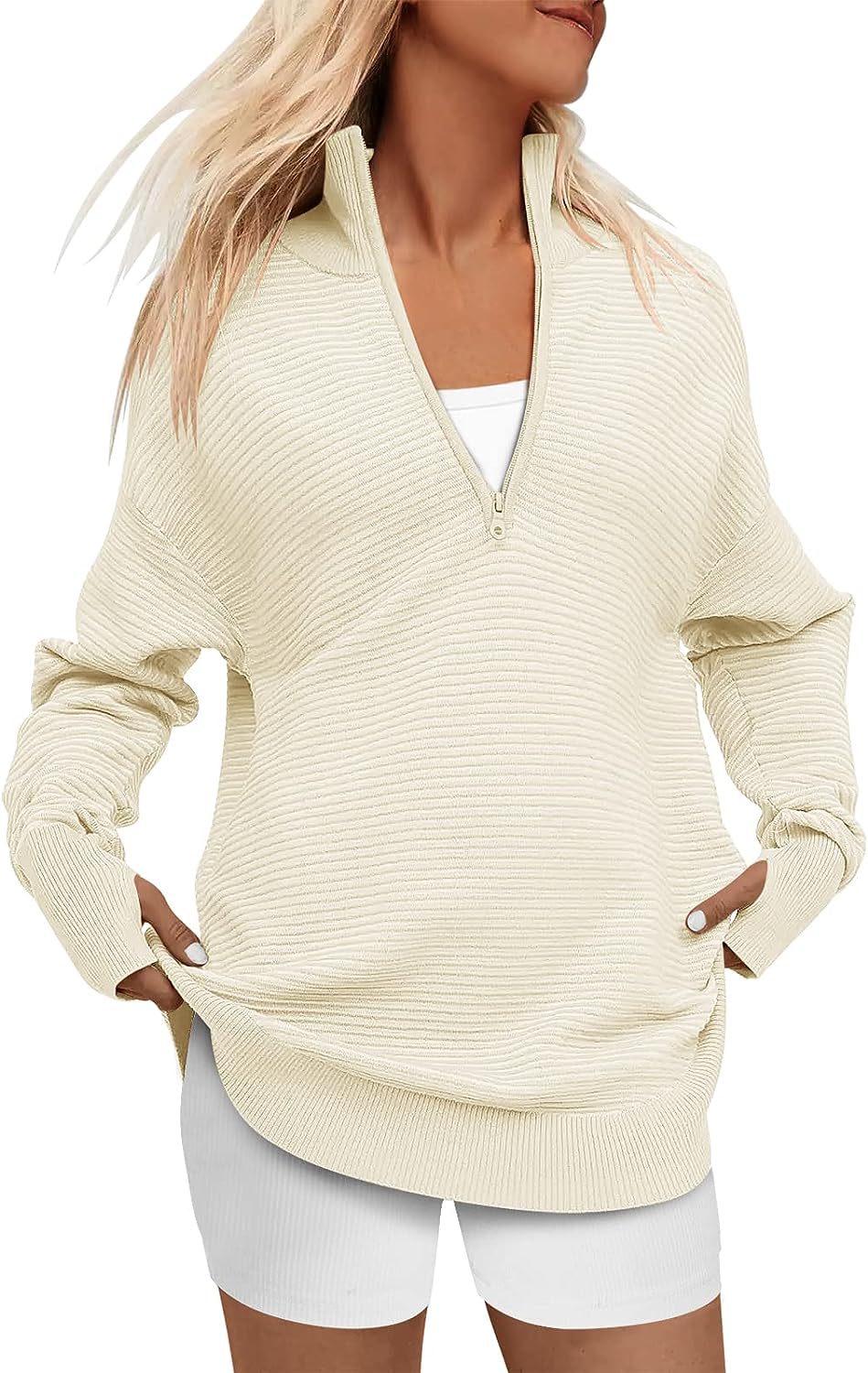 Dames pull zippé de haute qualité avec design texturé Chic und Stil