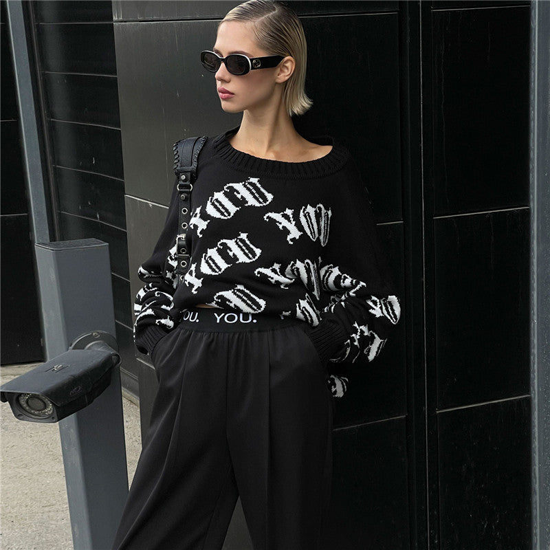 Pull en tricot décontracté pour femmes avec une inscription moderne et une coupe ample Chic und Stil