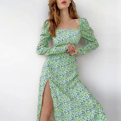 Robe maxi à fleurs pour femmes avec fente asymétrique et manches bouffantes Chic und Stil