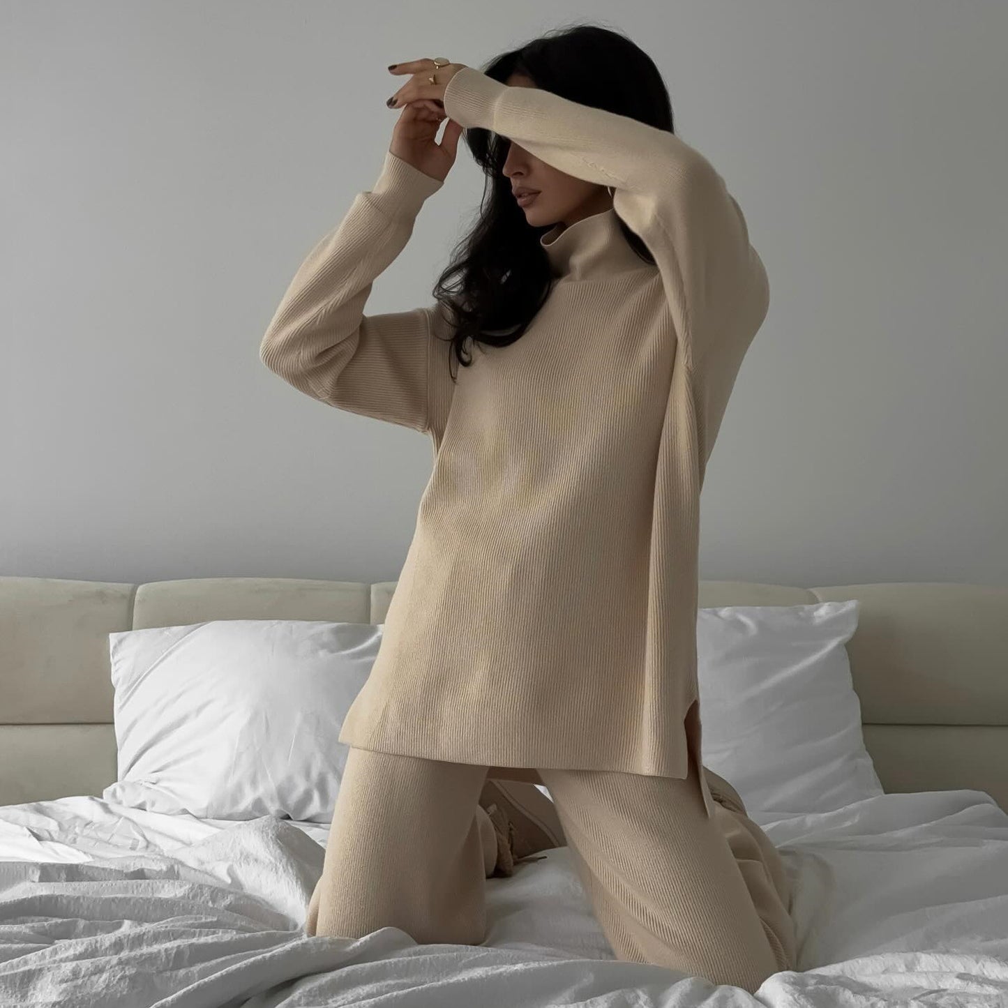 Dames Ensemble de lounge en tricot confortable et élégant avec col roulé Chic und Stil