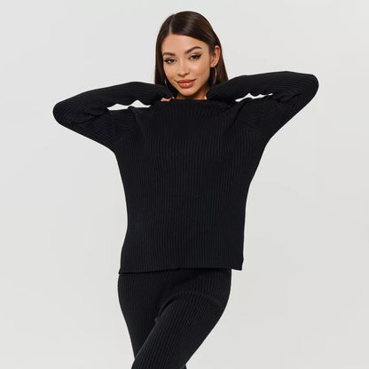 Women's ribbed knit pullover with a relaxed fit and a wide collar Chic and Style