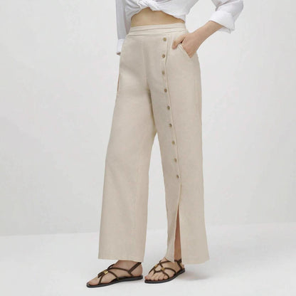 Linen wide-leg pants for women with button details and elegant slit Chic and Style