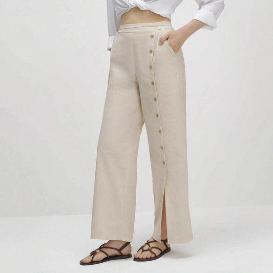Linen wide-leg pants for women with button details and elegant slit Chic and Style