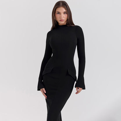 Femme Robe longue élégante et ajustée à manches longues avec un design moderne Chic und Stil