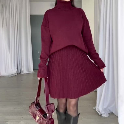Dames Ensemble en tricot élégant avec col roulé et jupe fluide Chic und Stil