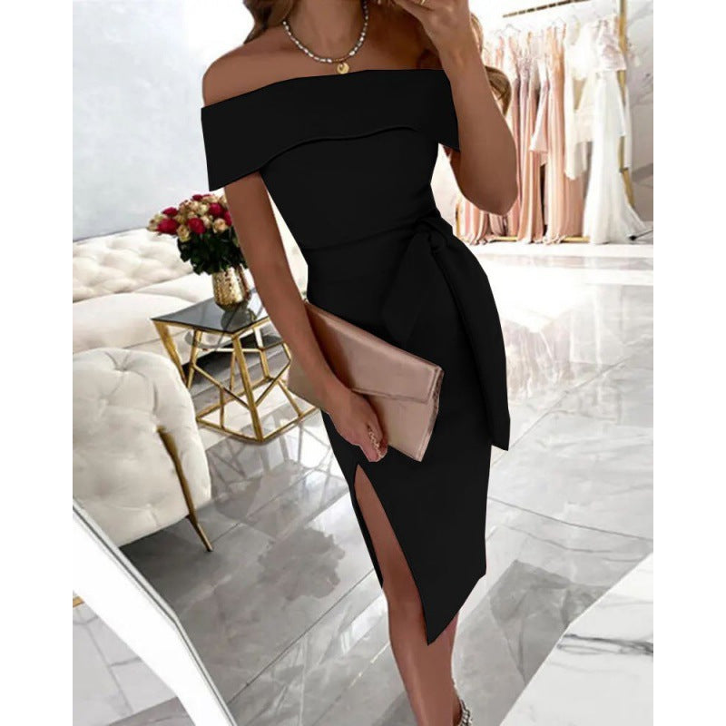 Robe bodycon élégante pour femmes à épaules dénudées avec fente latérale et détail de nœud Chic und Stil