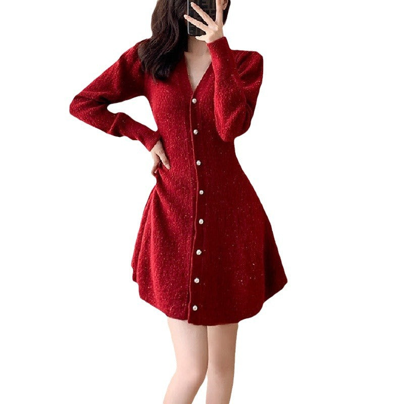Robe tricotée pour femmes avec patte de boutonnage et manches volumineuses Chic und Stil