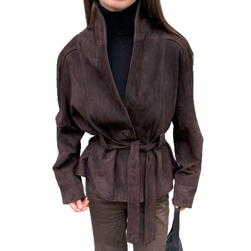 Blazer en suède élégant et à la mode pour femmes avec ceinture Chic und Stil