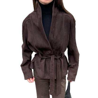 Blazer en suède élégant et à la mode pour femmes avec ceinture Chic und Stil