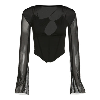 Dames body elegante à manches longues avec décolleté plongeant et design de bretelles ludique Chic und Stil