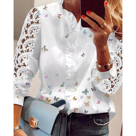 Chemisier femme avec appliques florales, détails volants et manches en dentelle Chic und Stil