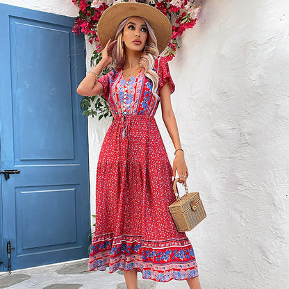 Femme Bohémien Floral Robe Midi Enveloppe Chic und Stil