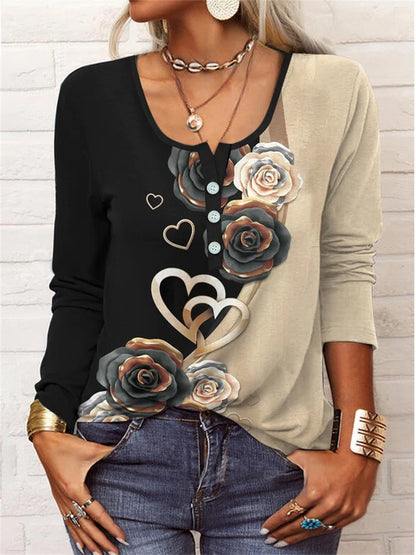 T-shirt à manches longues pour femmes avec un design floral en forme de cœur et une patte de boutonnage Chic und Stil