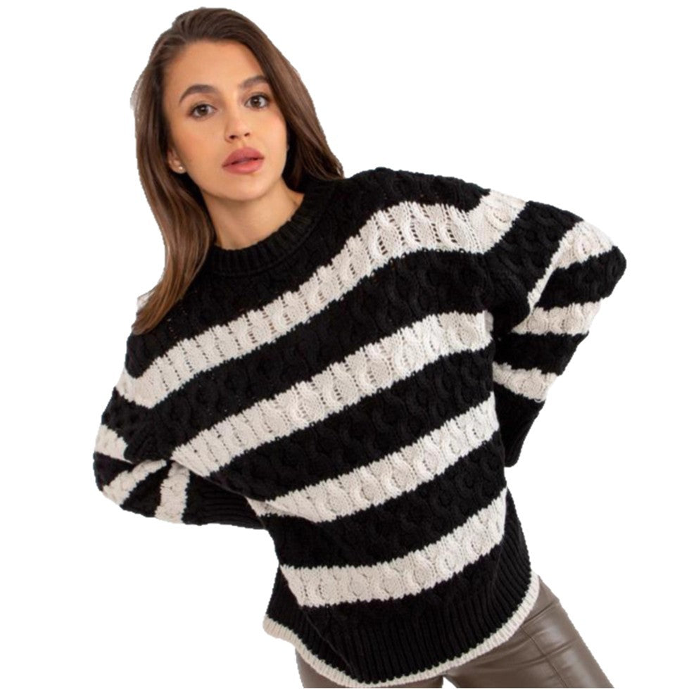 Pull en gros tricot pour femmes avec un motif rayé tendance et des manches volumineuses Chic und Stil