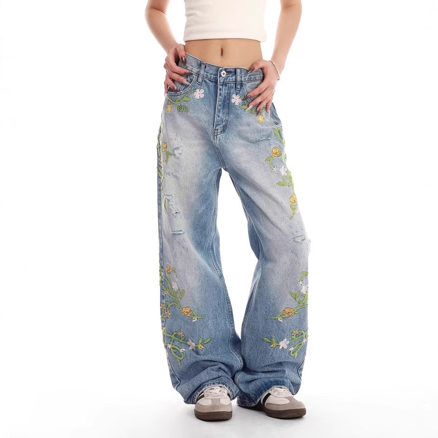 Dames brodé large Denim jeans Chic und Stil