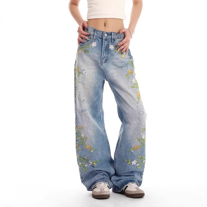 Dames brodé large Denim jeans Chic und Stil