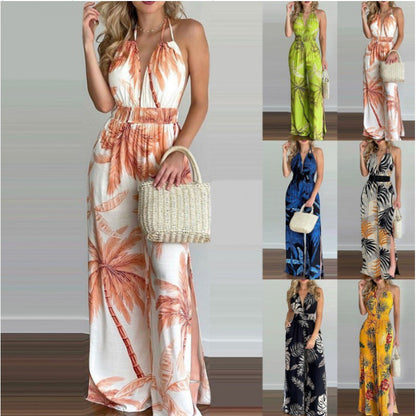 Dames Imprimé Tropical Jumpsuit Haut Fendu Chic und Stil