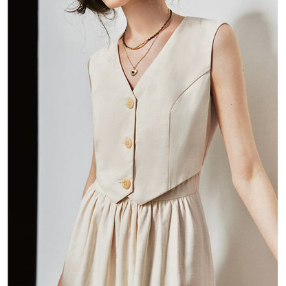 Robe maxi sans manches élégante pour femme avec gilet boutonné Chic und Stil