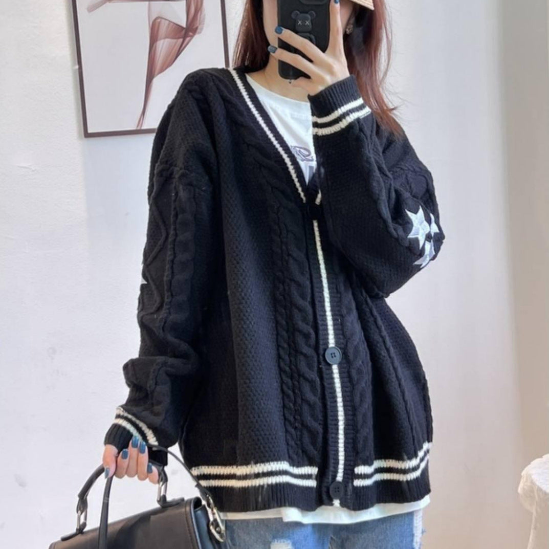 Cardigan en grosse maille pour femmes avec décolleté en V profond et détails de bouton contrastants Chic und Stil